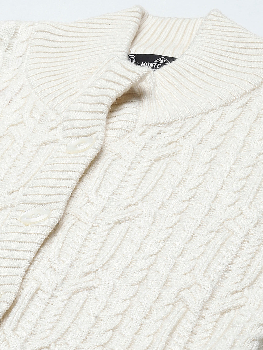 Women Cream Self Design Mock Neck Full Sleeve Cardigan