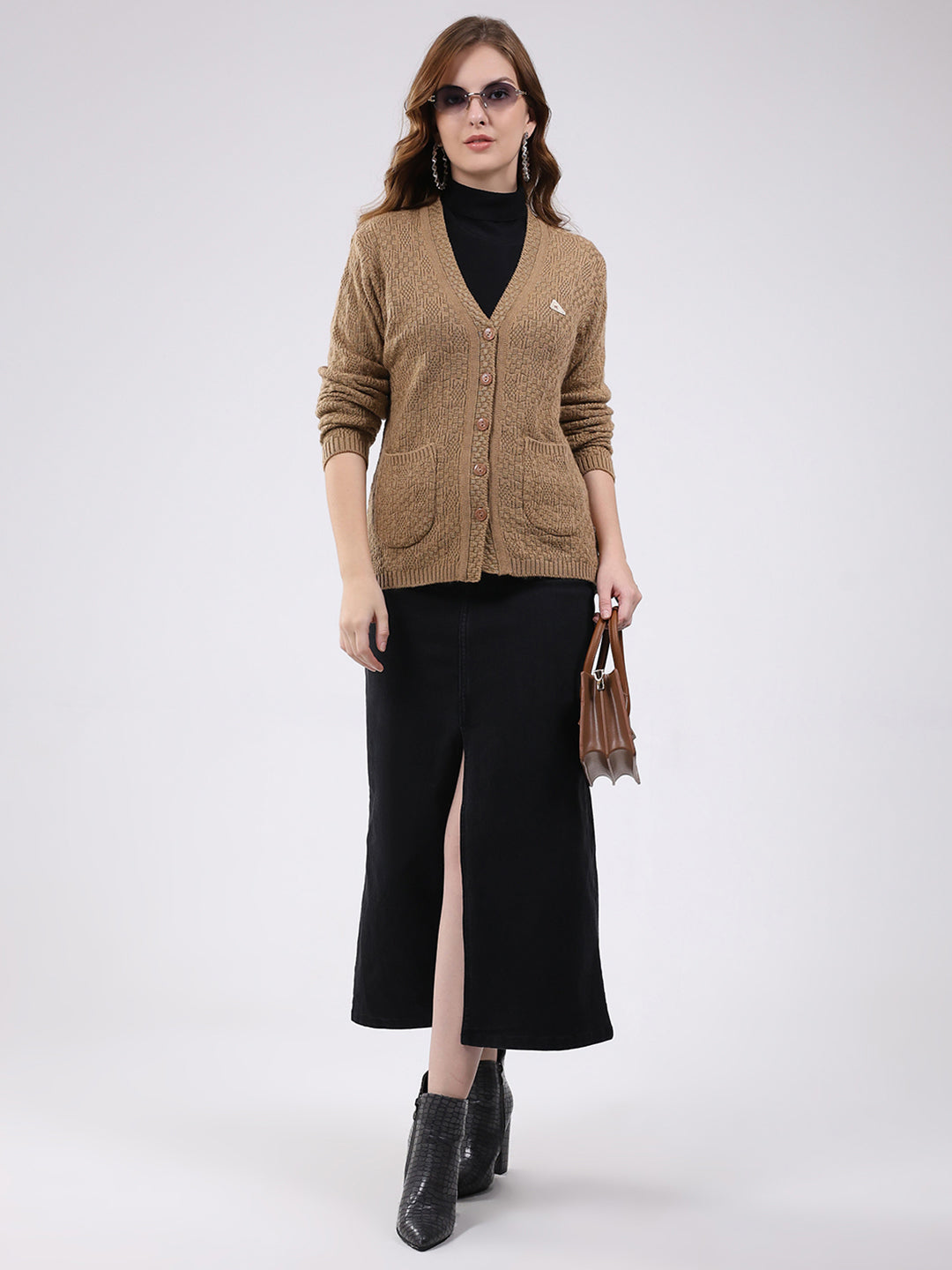 Women Camel Brown Self Design V Neck Full Sleeve Cardigan