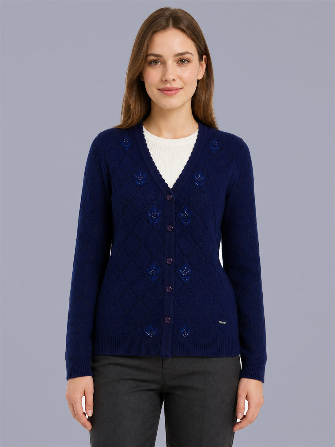 Women Blue Self Design V Neck Full Sleeve Cardigan