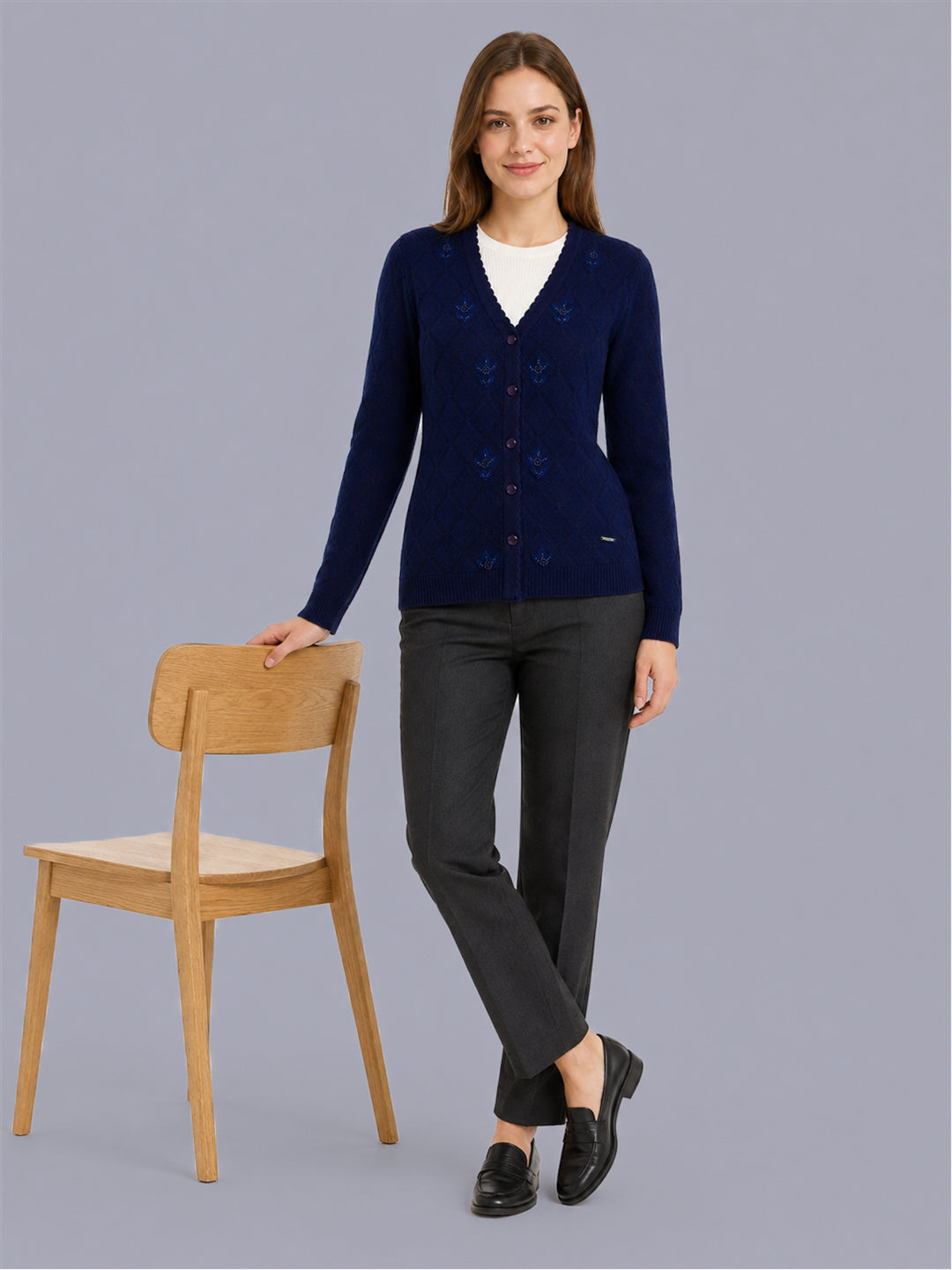 Women Blue Self Design V Neck Full Sleeve Cardigan