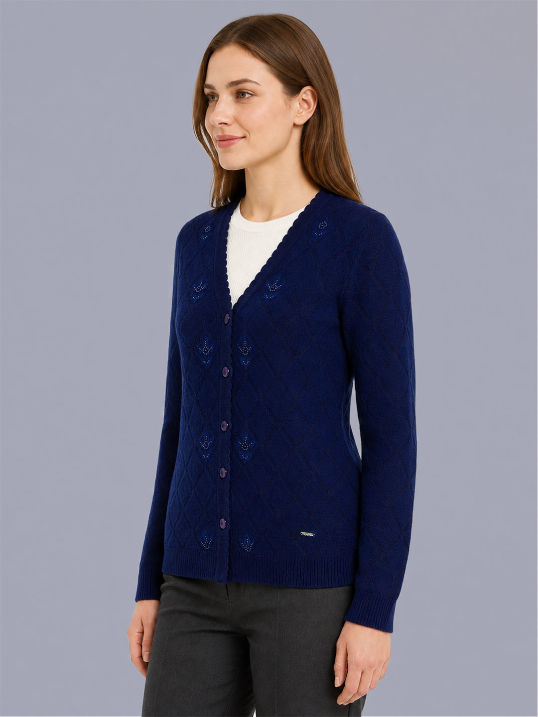 Women Blue Self Design V Neck Full Sleeve Cardigan