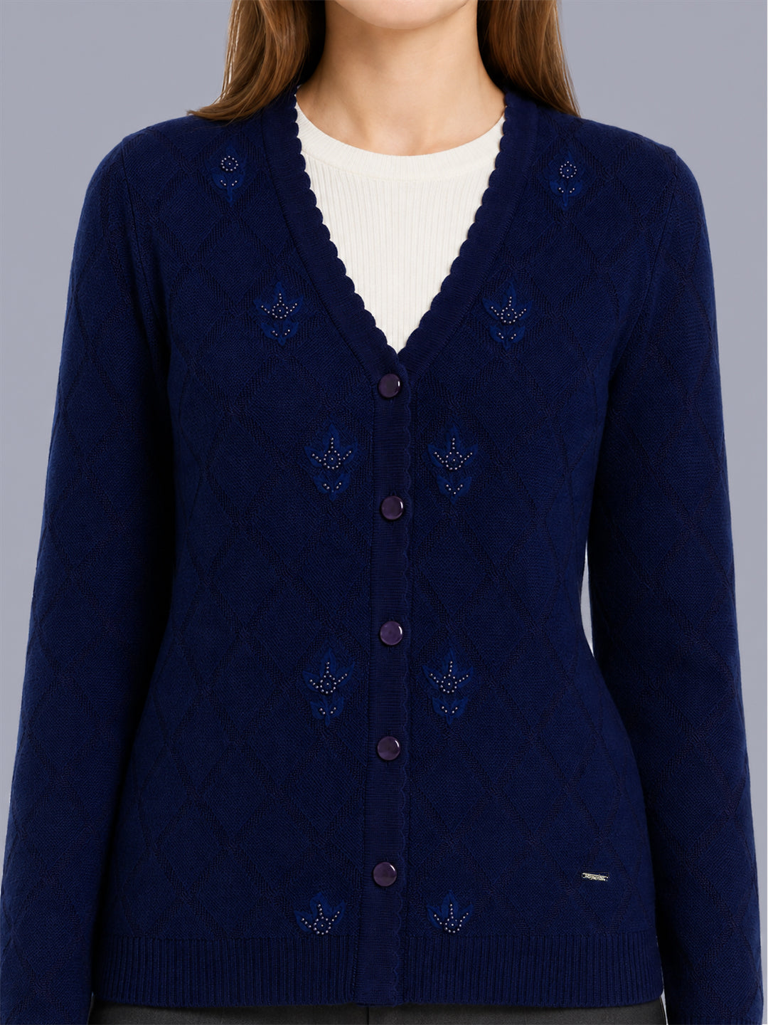 Women Blue Self Design V Neck Full Sleeve Cardigan