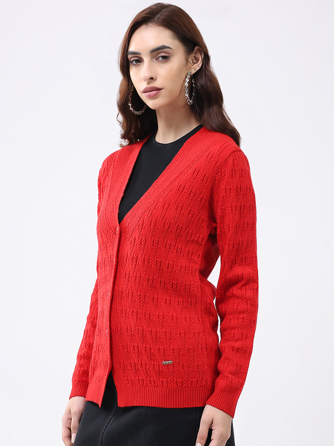 Women Red Solid V Neck Full Sleeve Cardigan