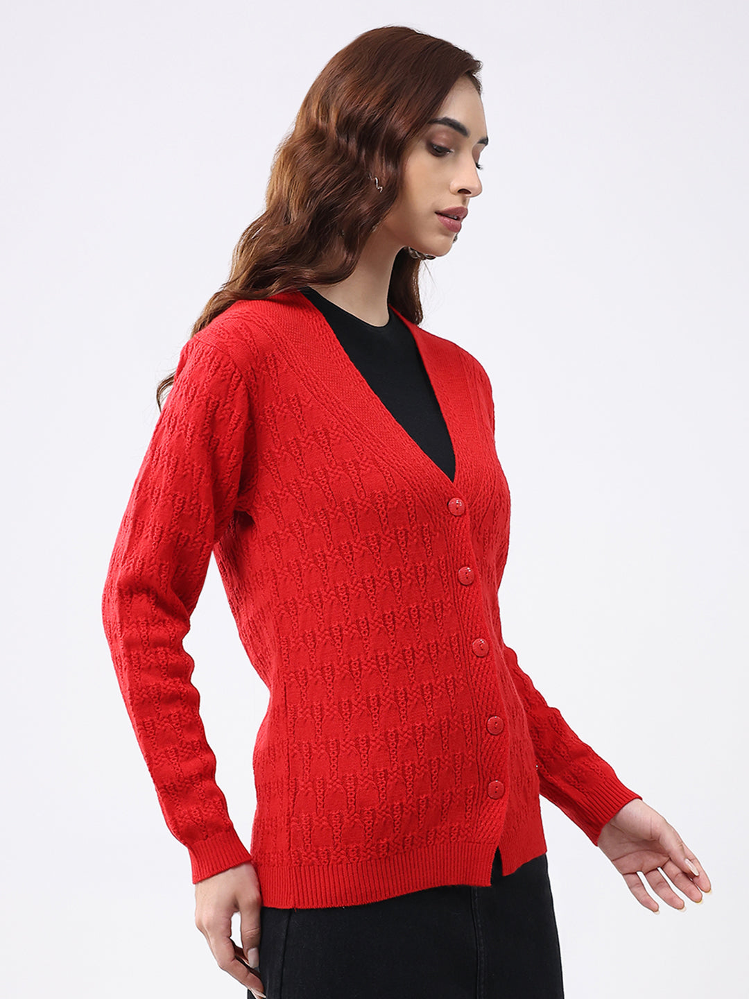 Women Red Solid V Neck Full Sleeve Cardigan