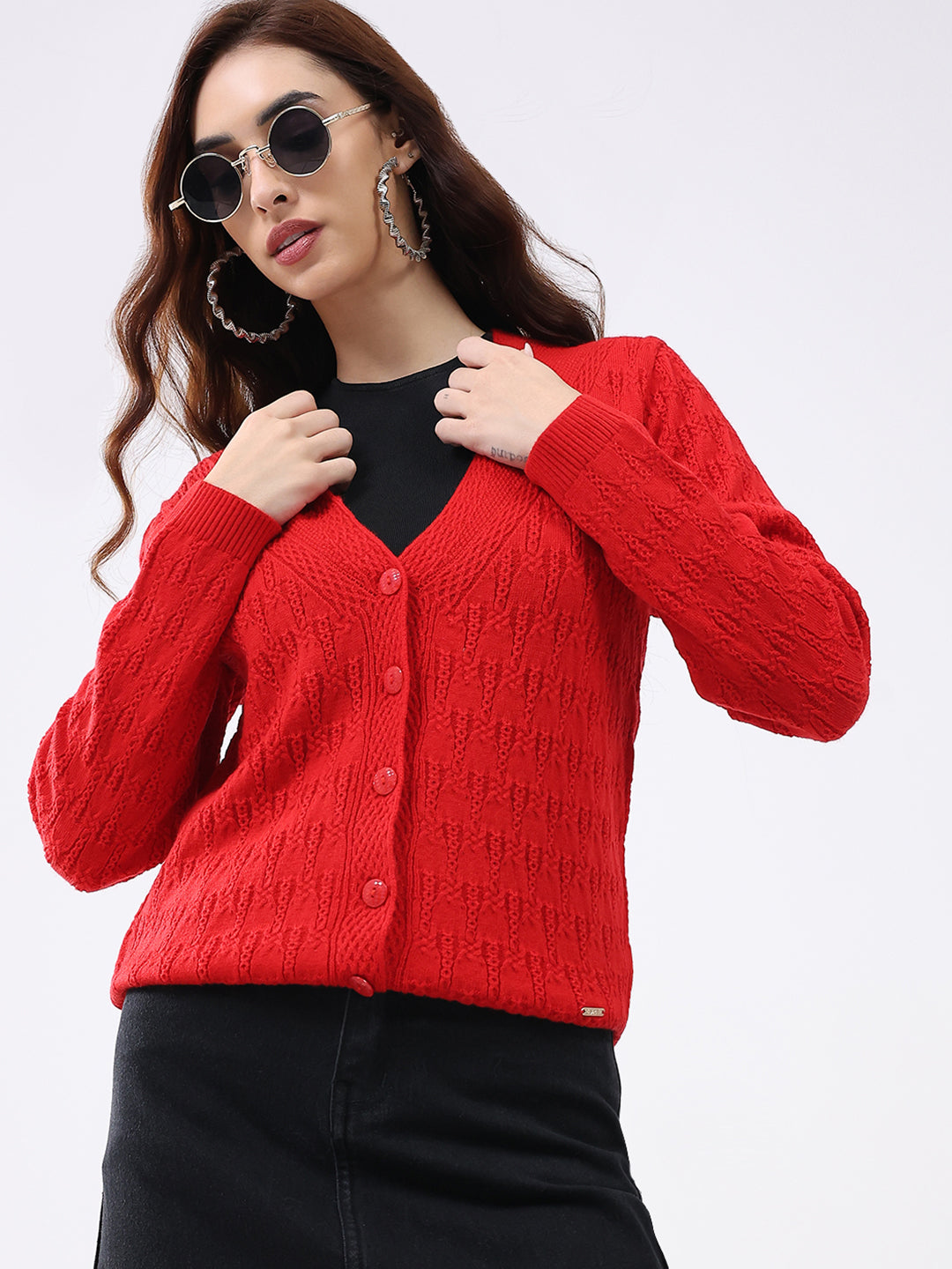 Women Red Solid V Neck Full Sleeve Cardigan