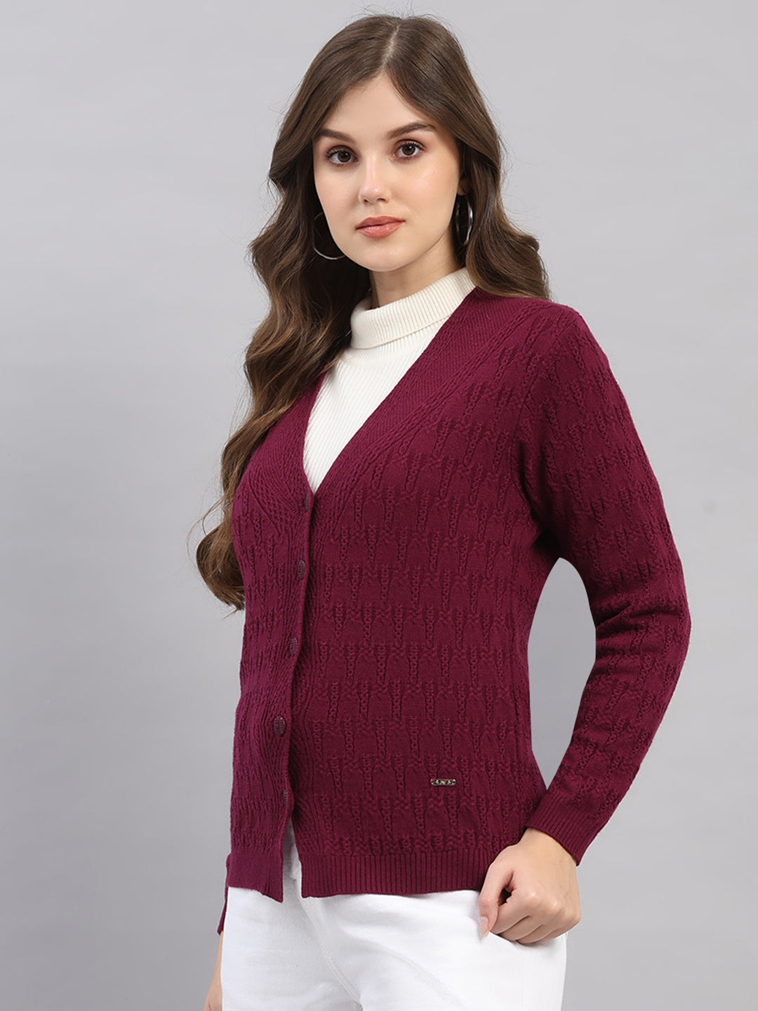 Women Purple Self Design V Neck Full Sleeve Cardigan