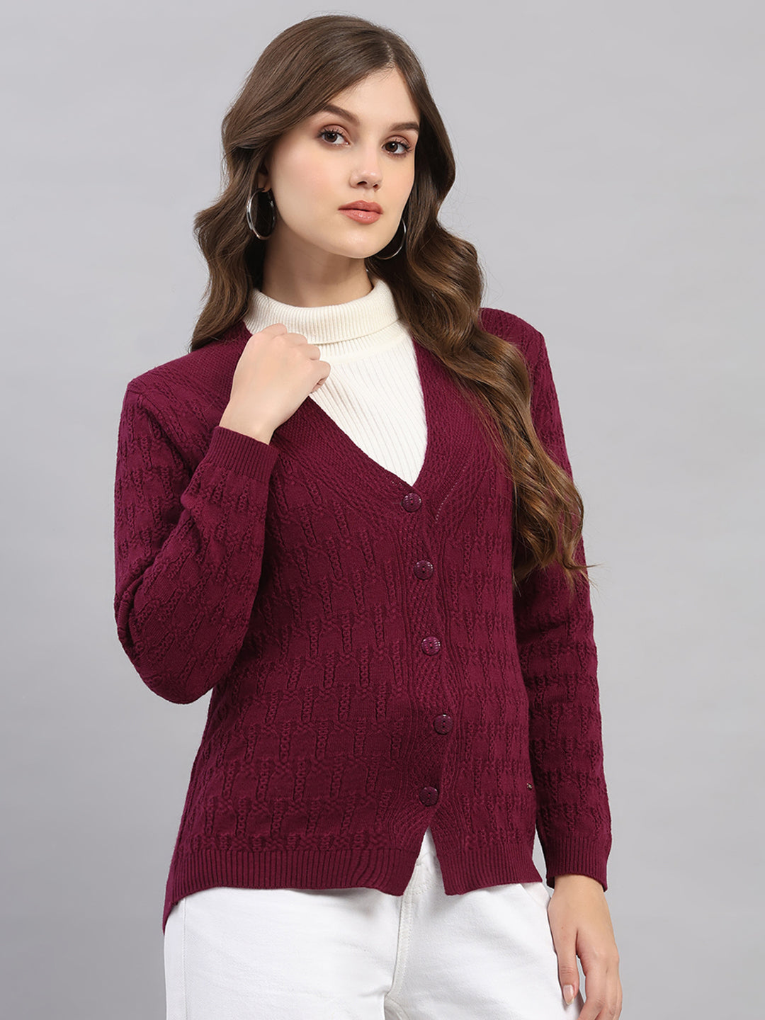 Women Purple Self Design V Neck Full Sleeve Cardigan