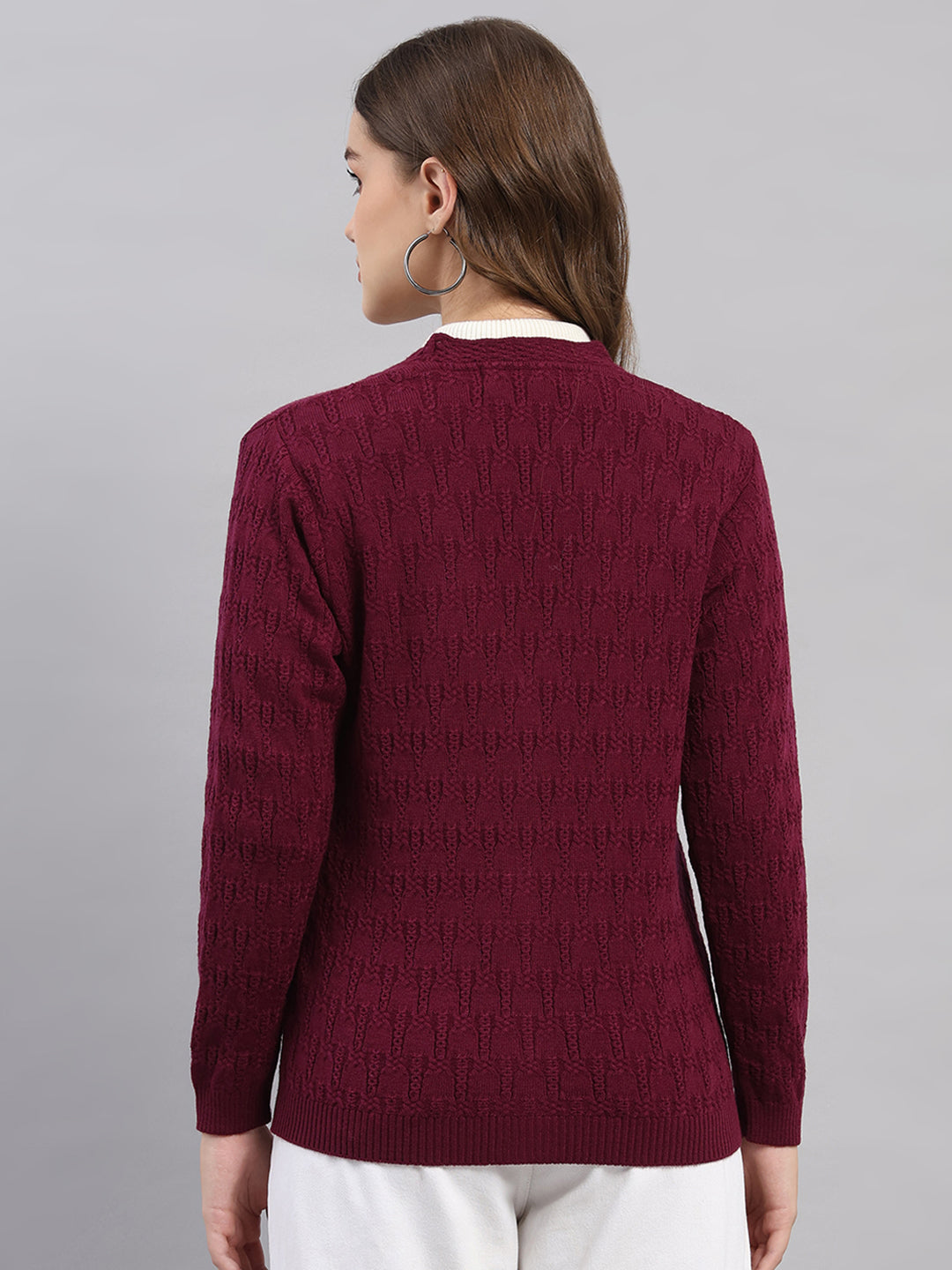 Women Purple Self Design V Neck Full Sleeve Cardigan