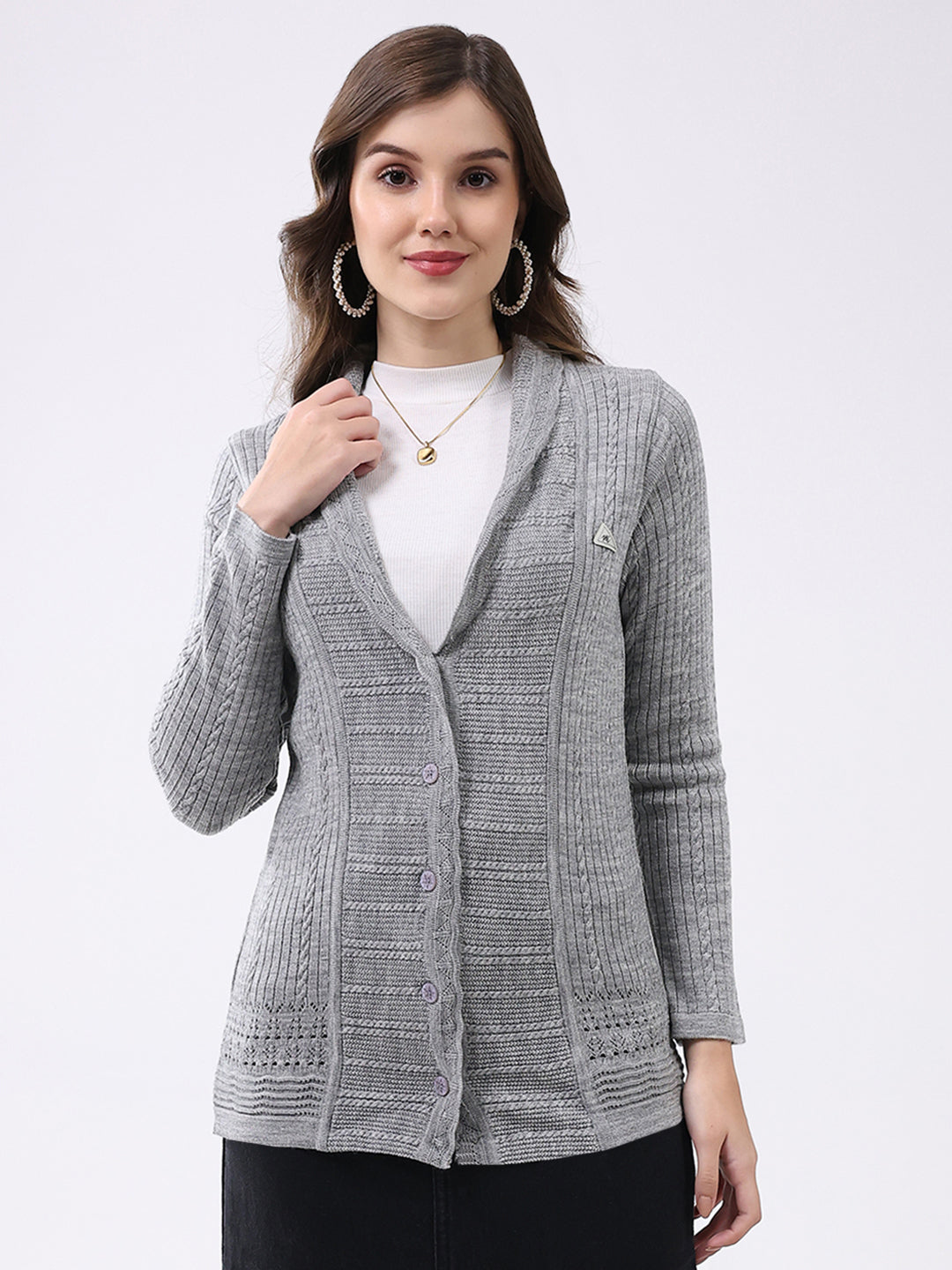 Women Grey Self Design Notch Lapel Collar Full Sleeve Cardigan