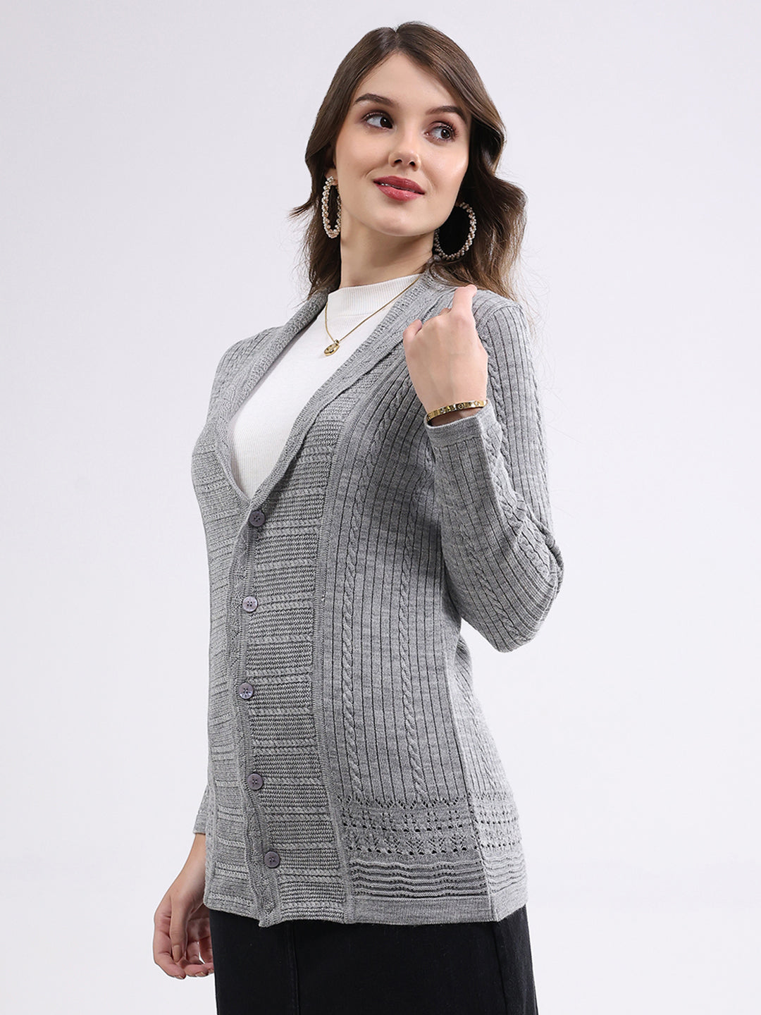 Women Grey Self Design Notch Lapel Collar Full Sleeve Cardigan