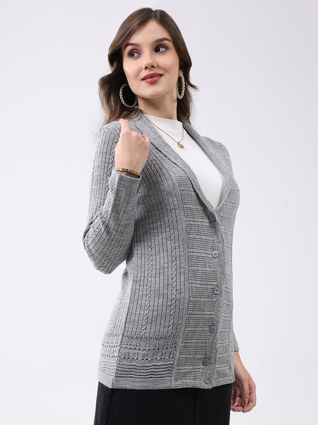 Women Grey Self Design Notch Lapel Collar Full Sleeve Cardigan