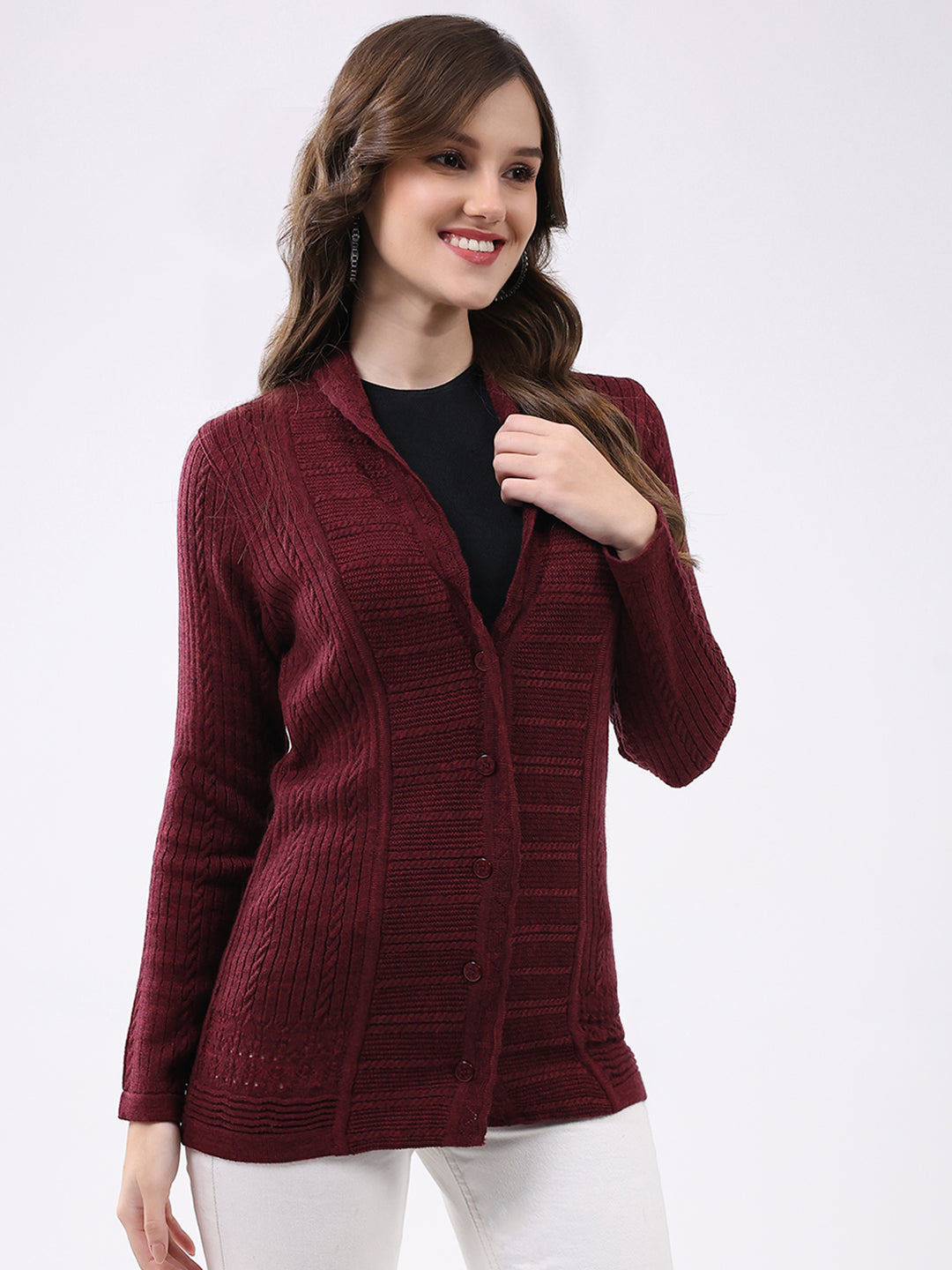 Women Maroon Self Design Notch Lapel Collar Full Sleeve Cardigan