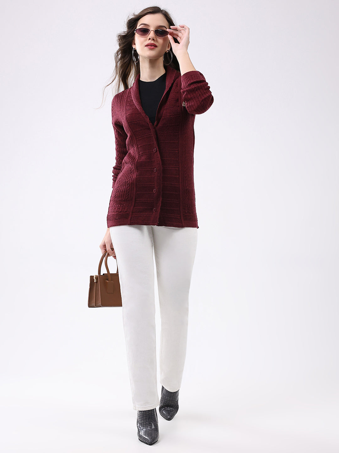 Women Maroon Self Design Notch Lapel Collar Full Sleeve Cardigan