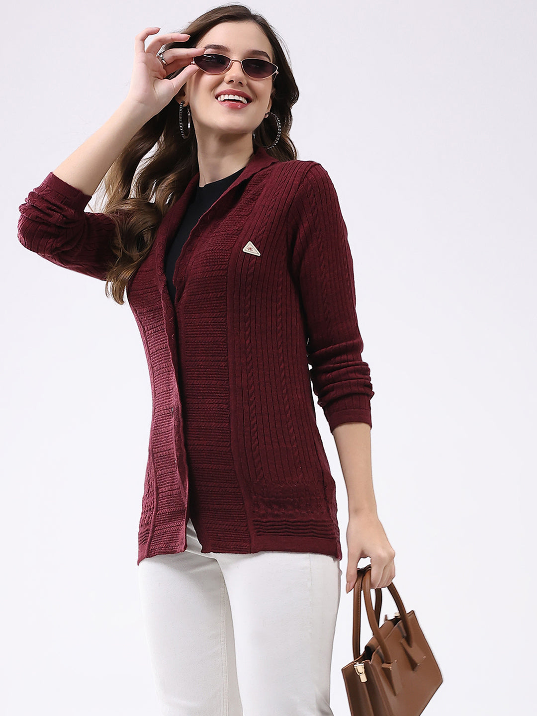 Women Maroon Self Design Notch Lapel Collar Full Sleeve Cardigan