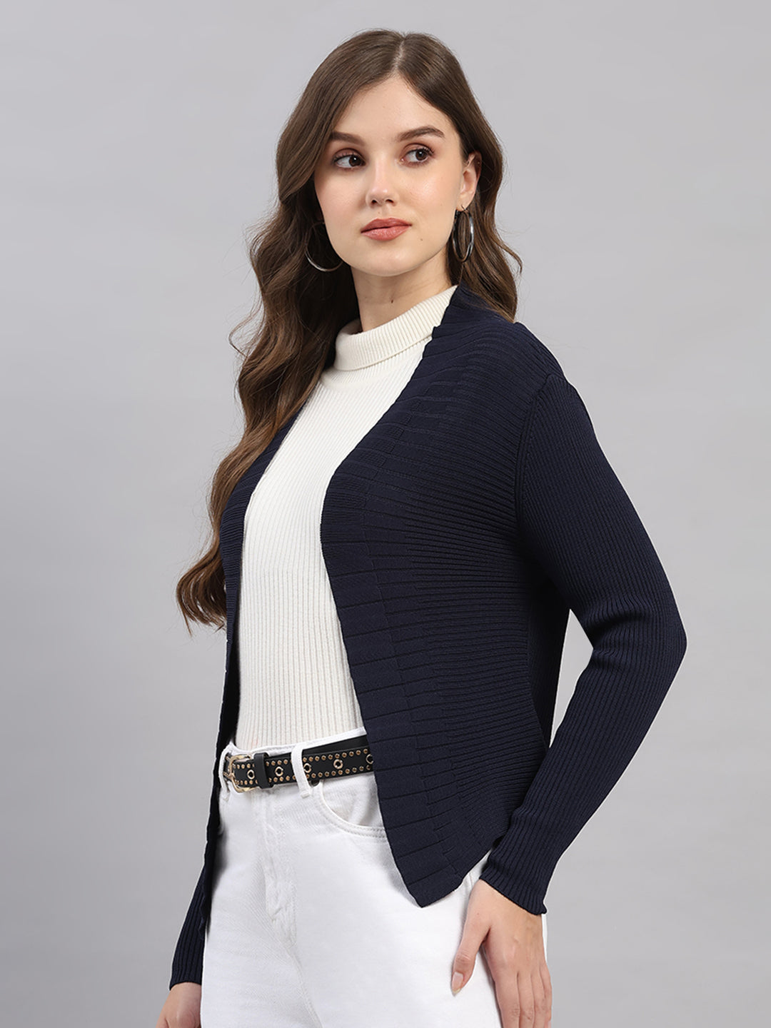 Women Navy Blue Self Design V Neck Full Sleeve Cardigan