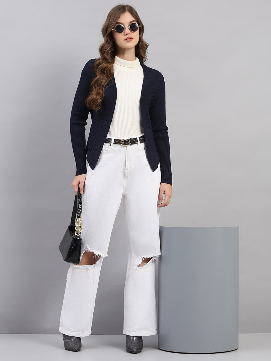 Women Navy Blue Self Design V Neck Full Sleeve Cardigan