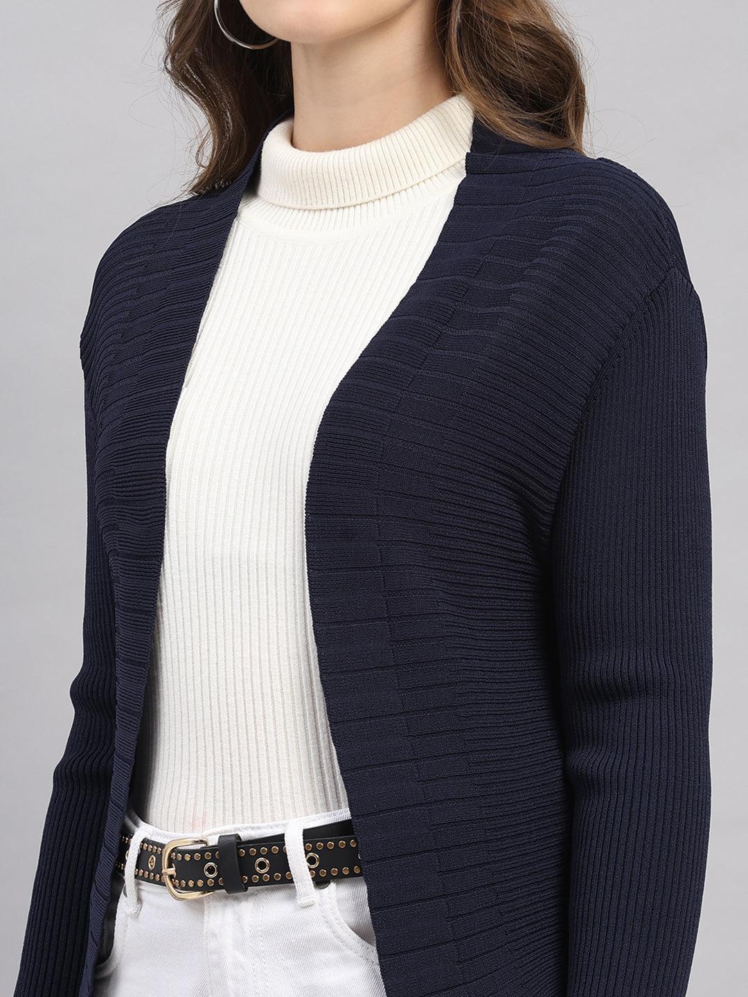 Women Navy Blue Self Design V Neck Full Sleeve Cardigan