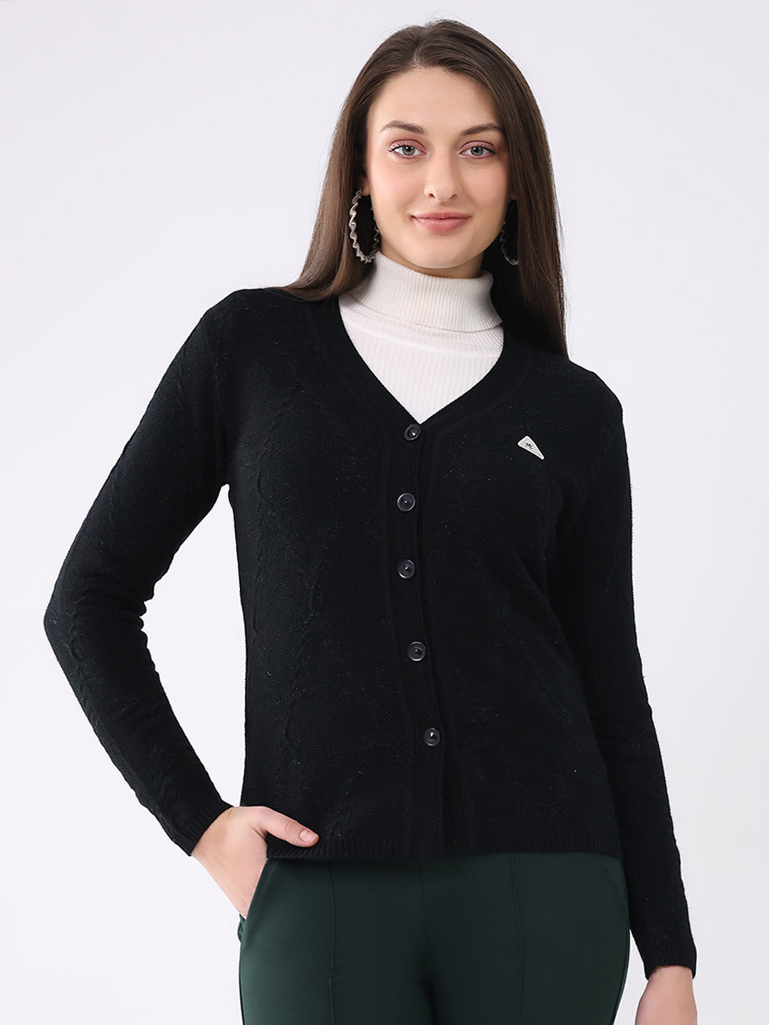 Women Black Solid V Neck Full Sleeve Cardigan