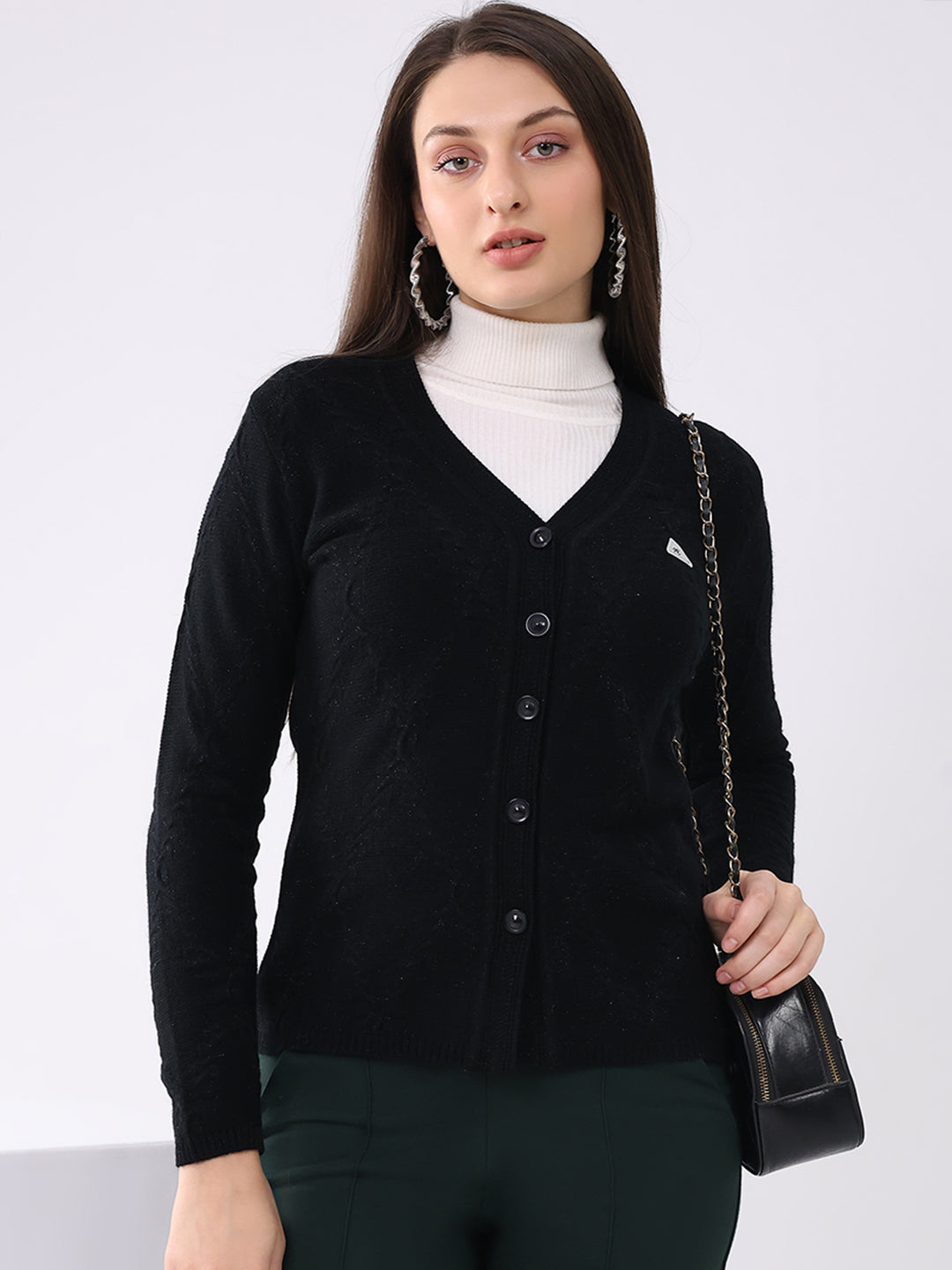 Women Black Solid V Neck Full Sleeve Cardigan