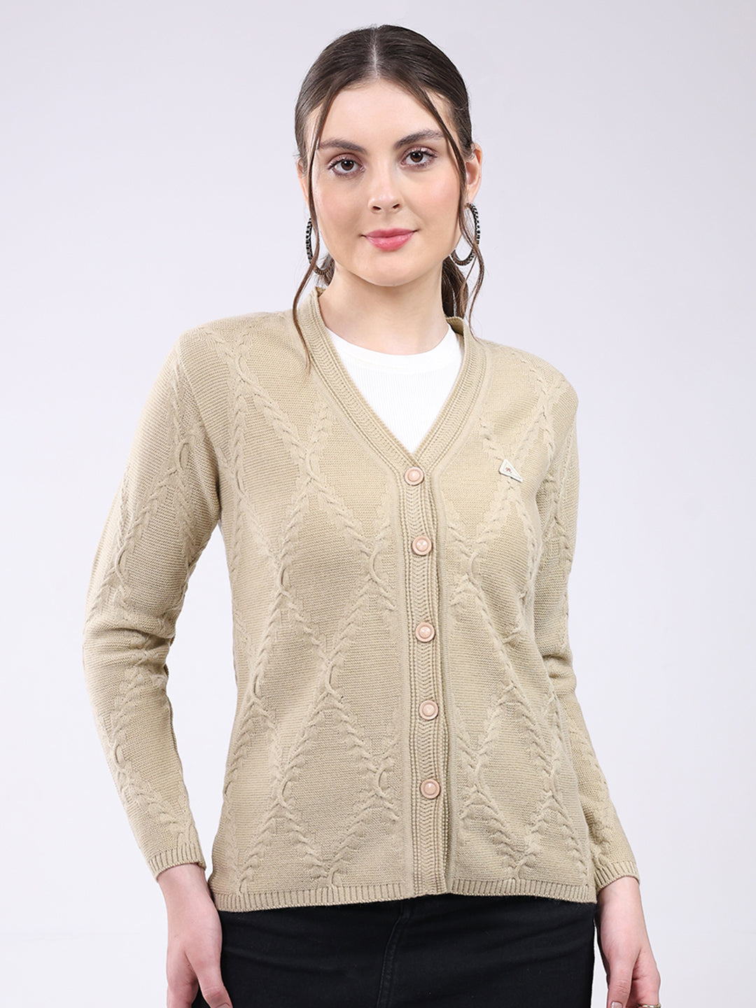 Women Beige Self Design V Neck Full Sleeve Cardigan
