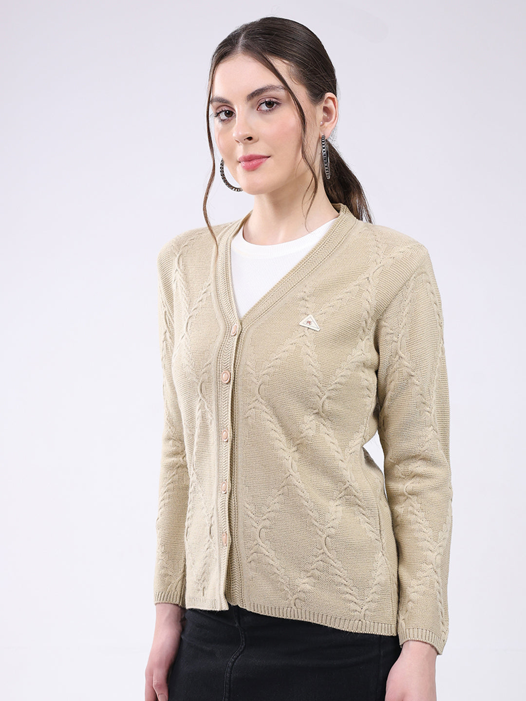 Women Beige Self Design V Neck Full Sleeve Cardigan