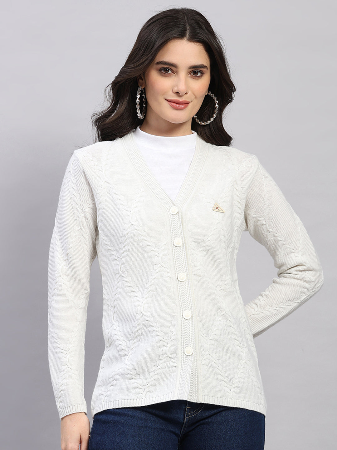 Women White Printed V Neck Full Sleeve Cardigan