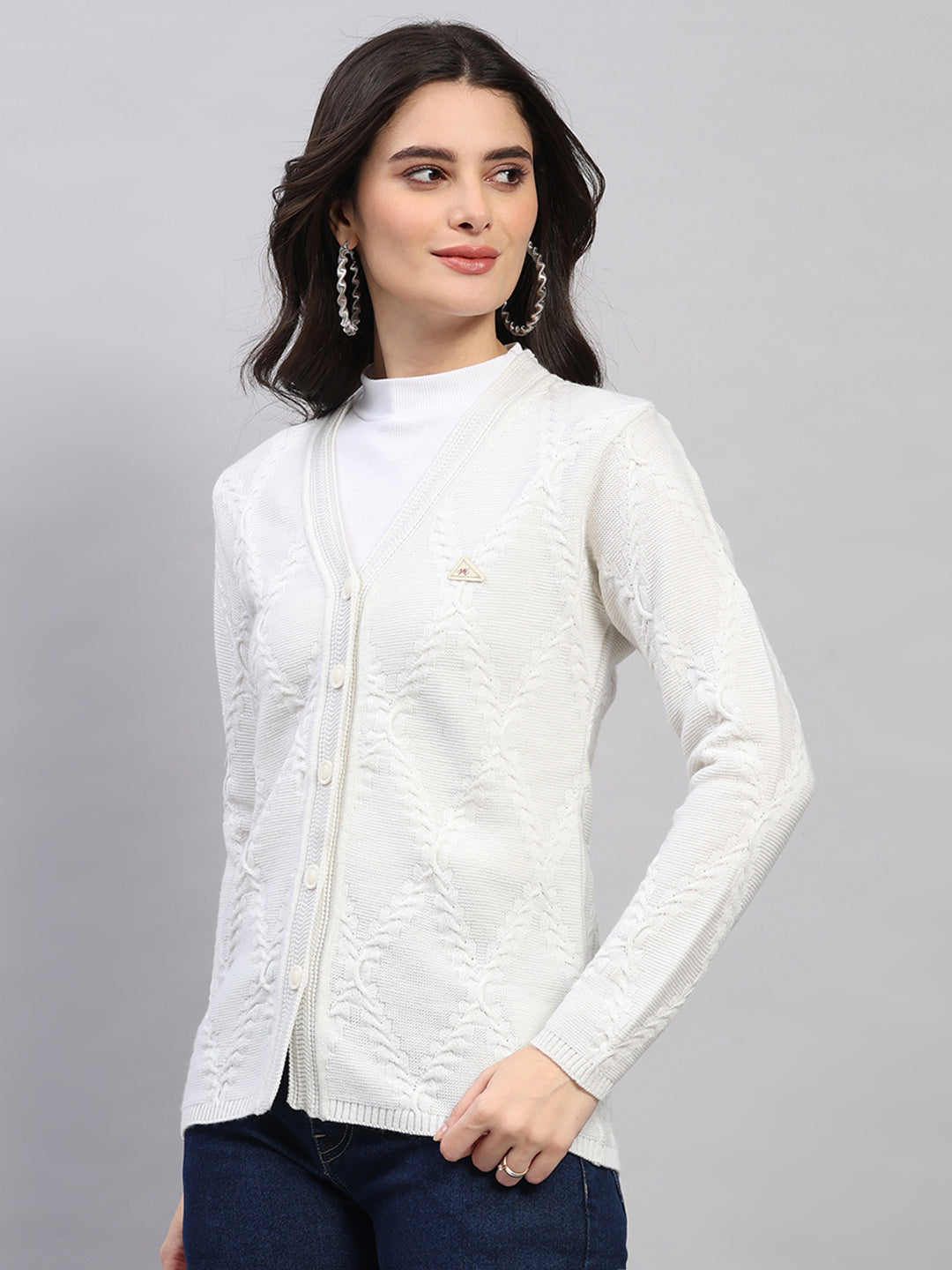 Women White Printed V Neck Full Sleeve Cardigan