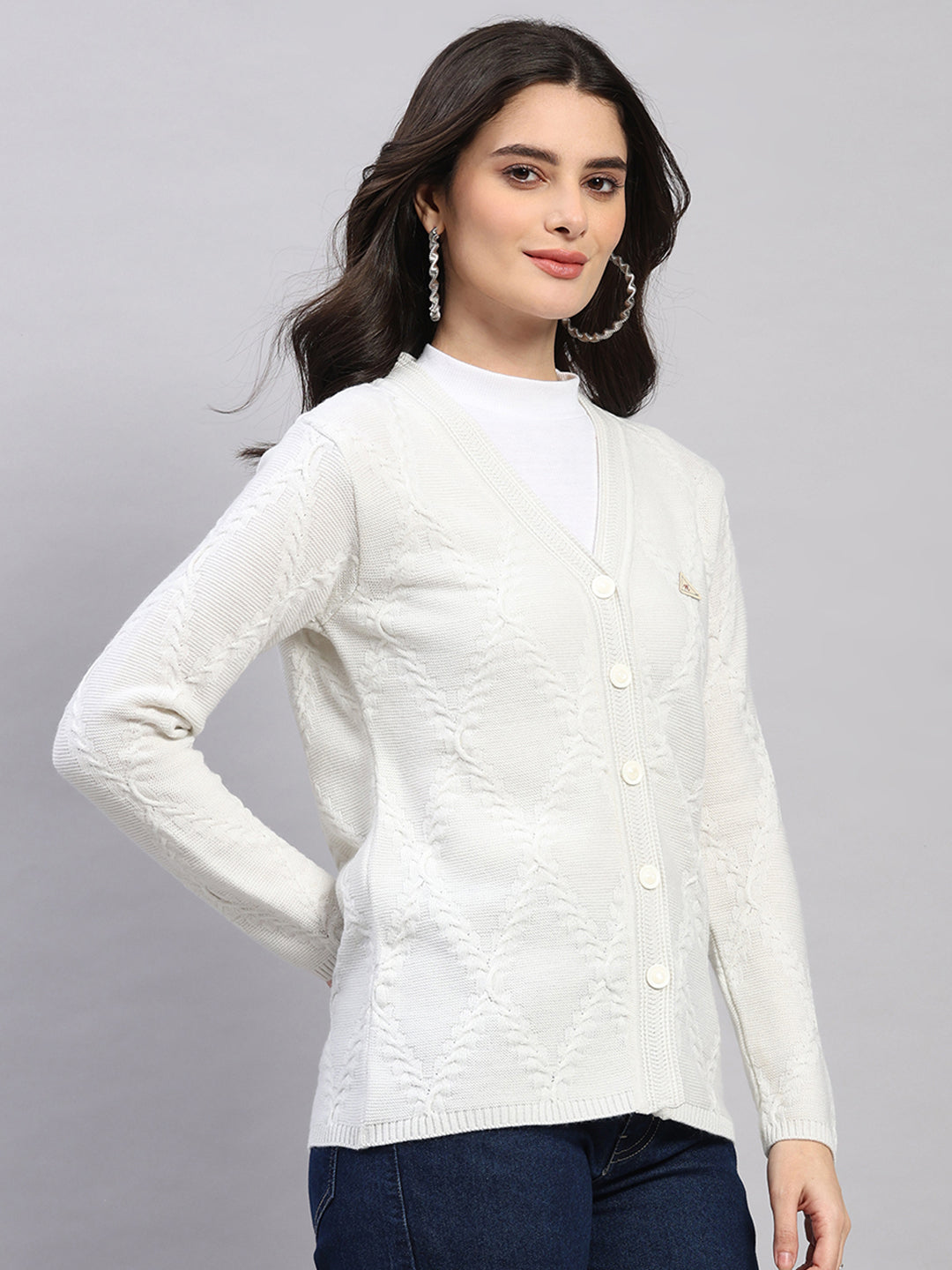 Women White Printed V Neck Full Sleeve Cardigan