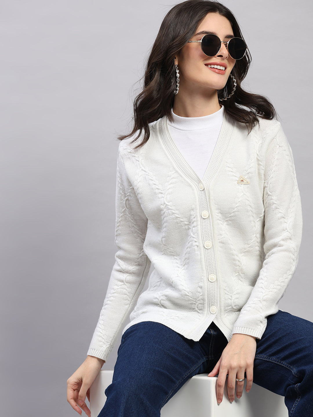 Women White Printed V Neck Full Sleeve Cardigan