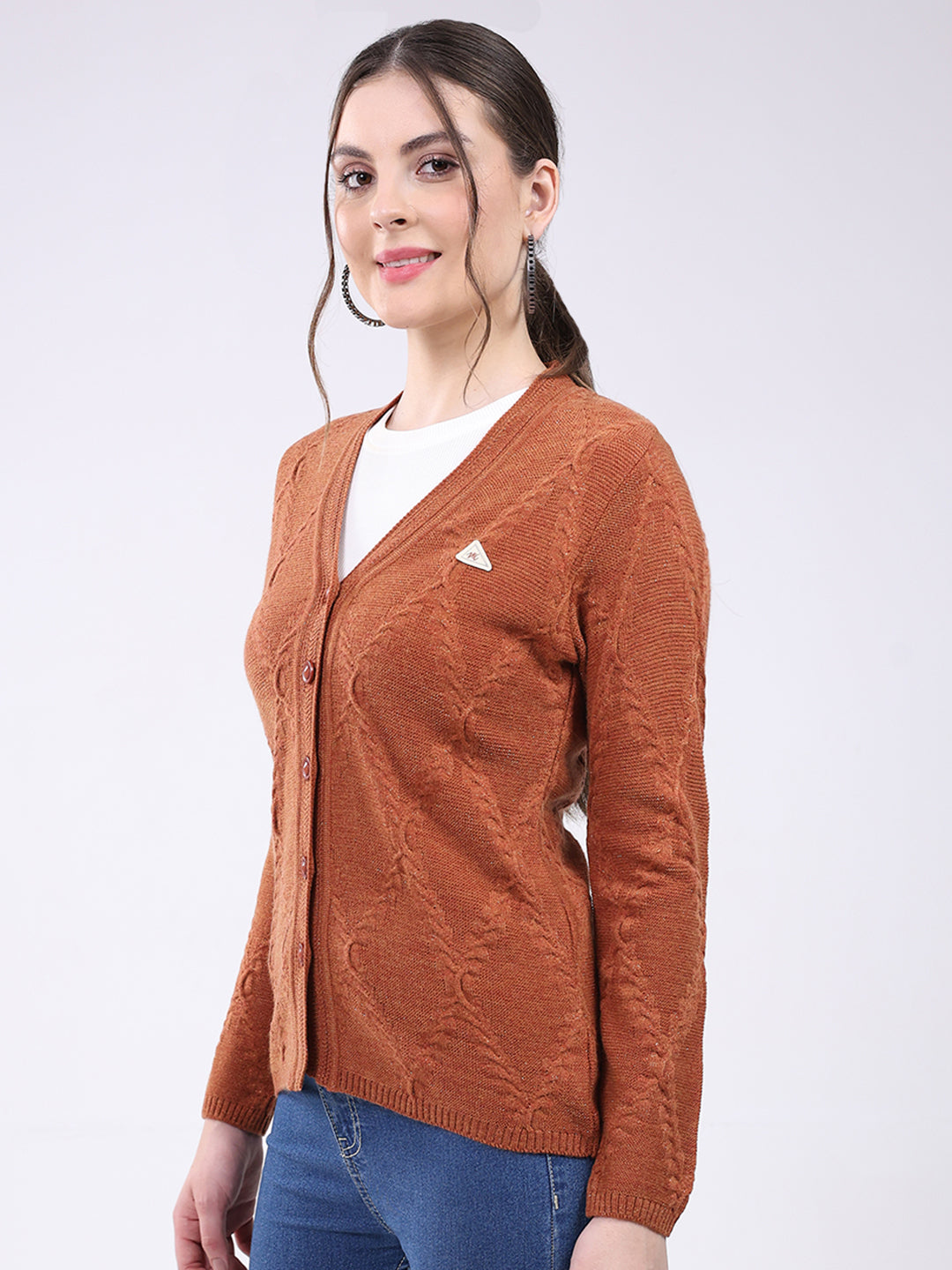 Women Rust Self Design V Neck Full Sleeve Cardigan