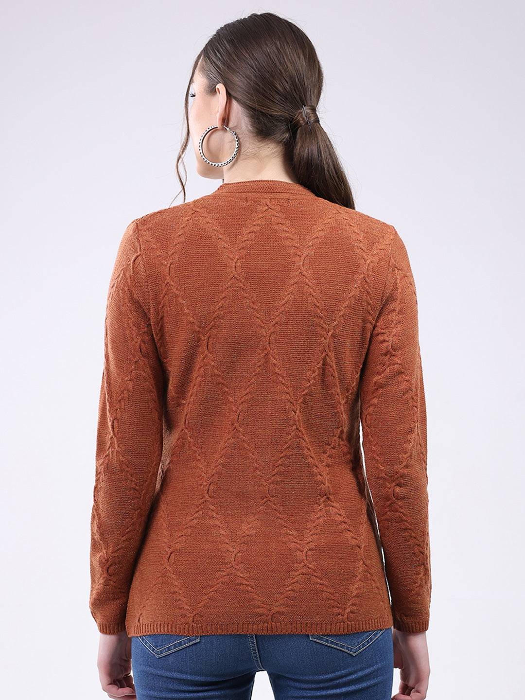 Women Rust Self Design V Neck Full Sleeve Cardigan