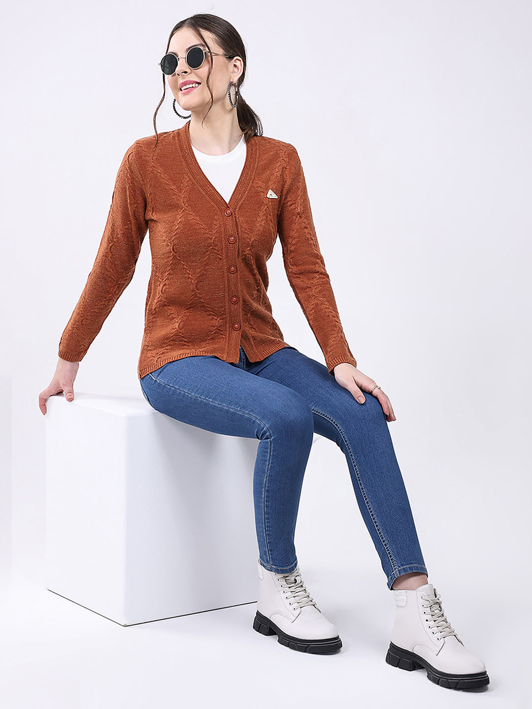 Women Rust Self Design V Neck Full Sleeve Cardigan
