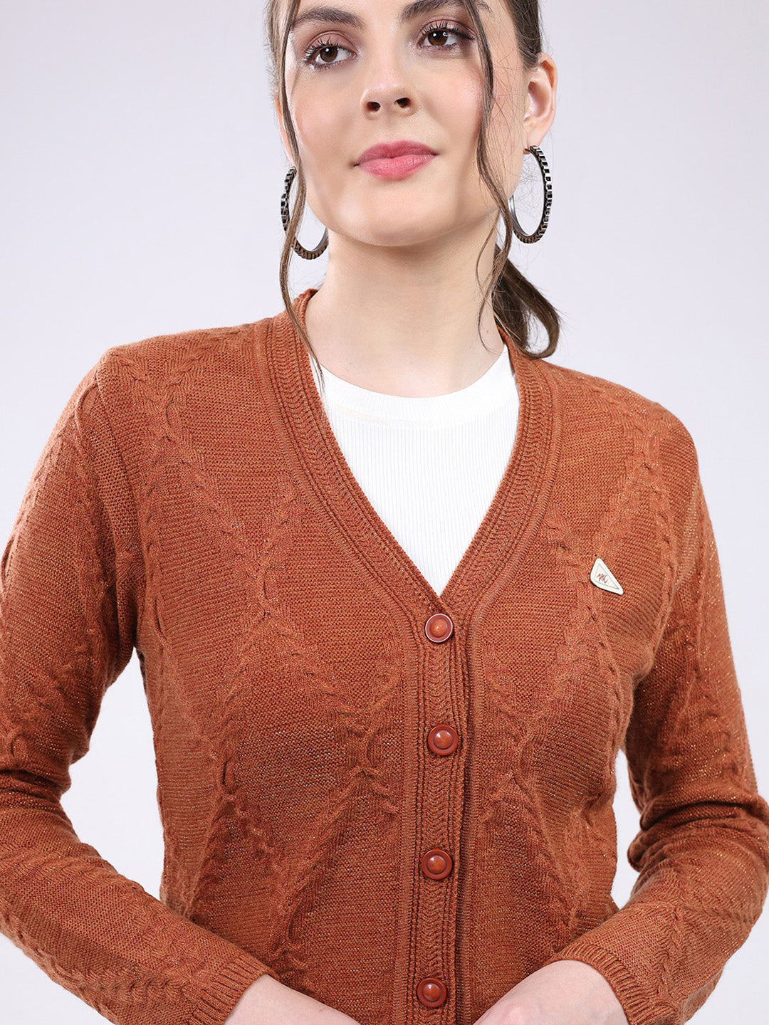 Women Rust Self Design V Neck Full Sleeve Cardigan