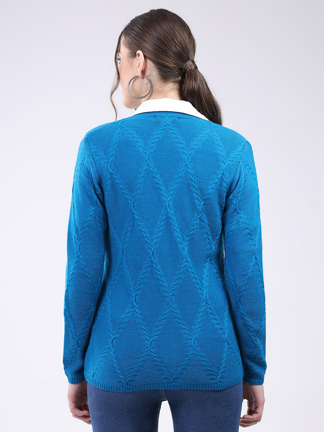 Women Teal Blue Self Design V Neck Full Sleeve Cardigan