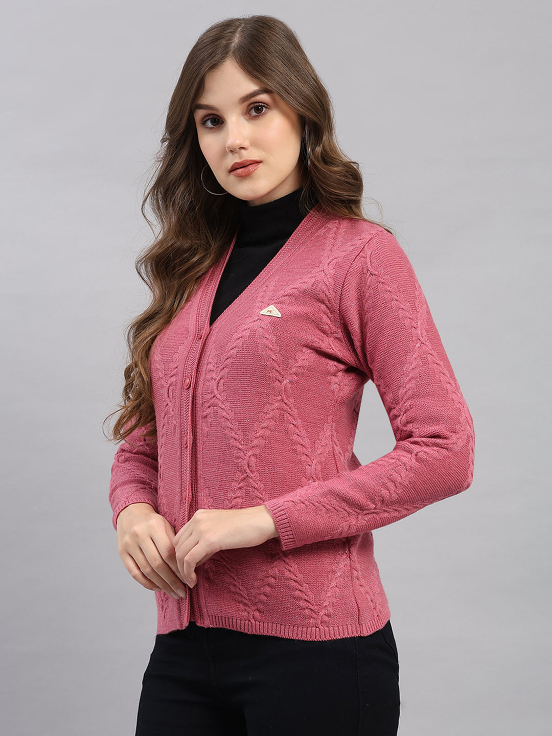 Women Pink Printed V Neck Full Sleeve Cardigan