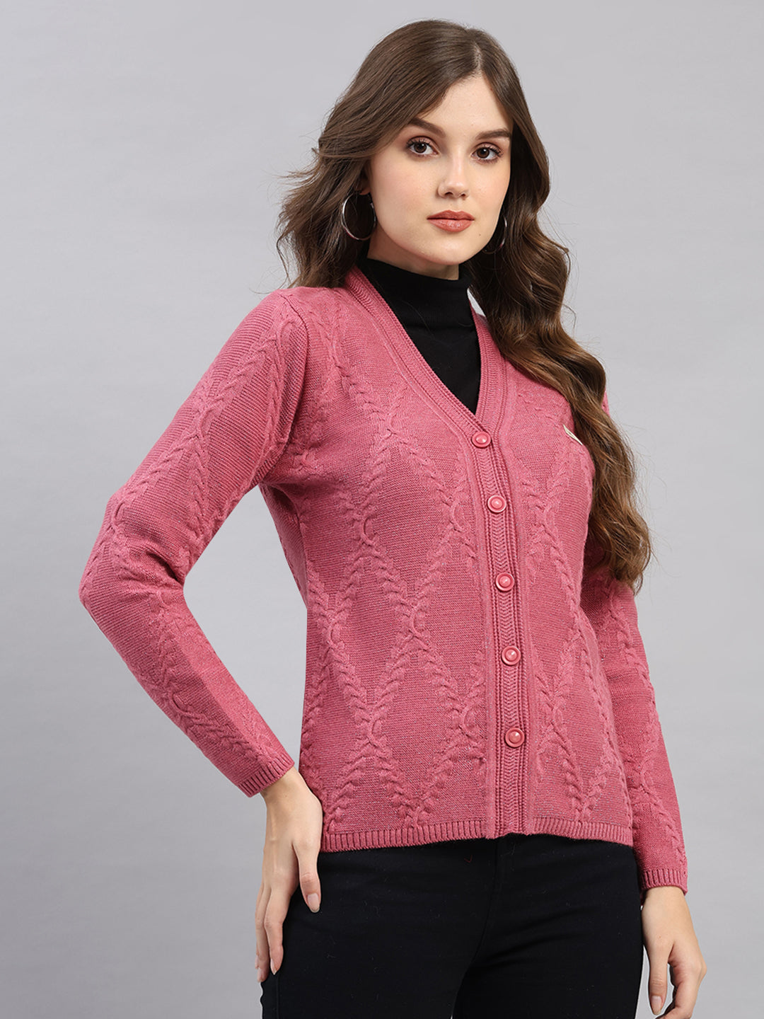 Women Pink Printed V Neck Full Sleeve Cardigan