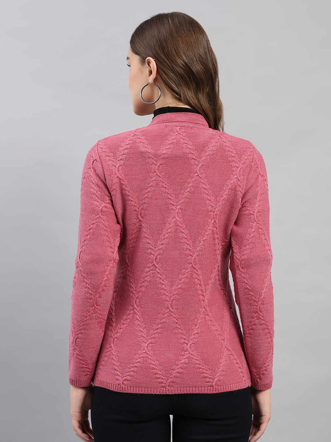 Women Pink Printed V Neck Full Sleeve Cardigan