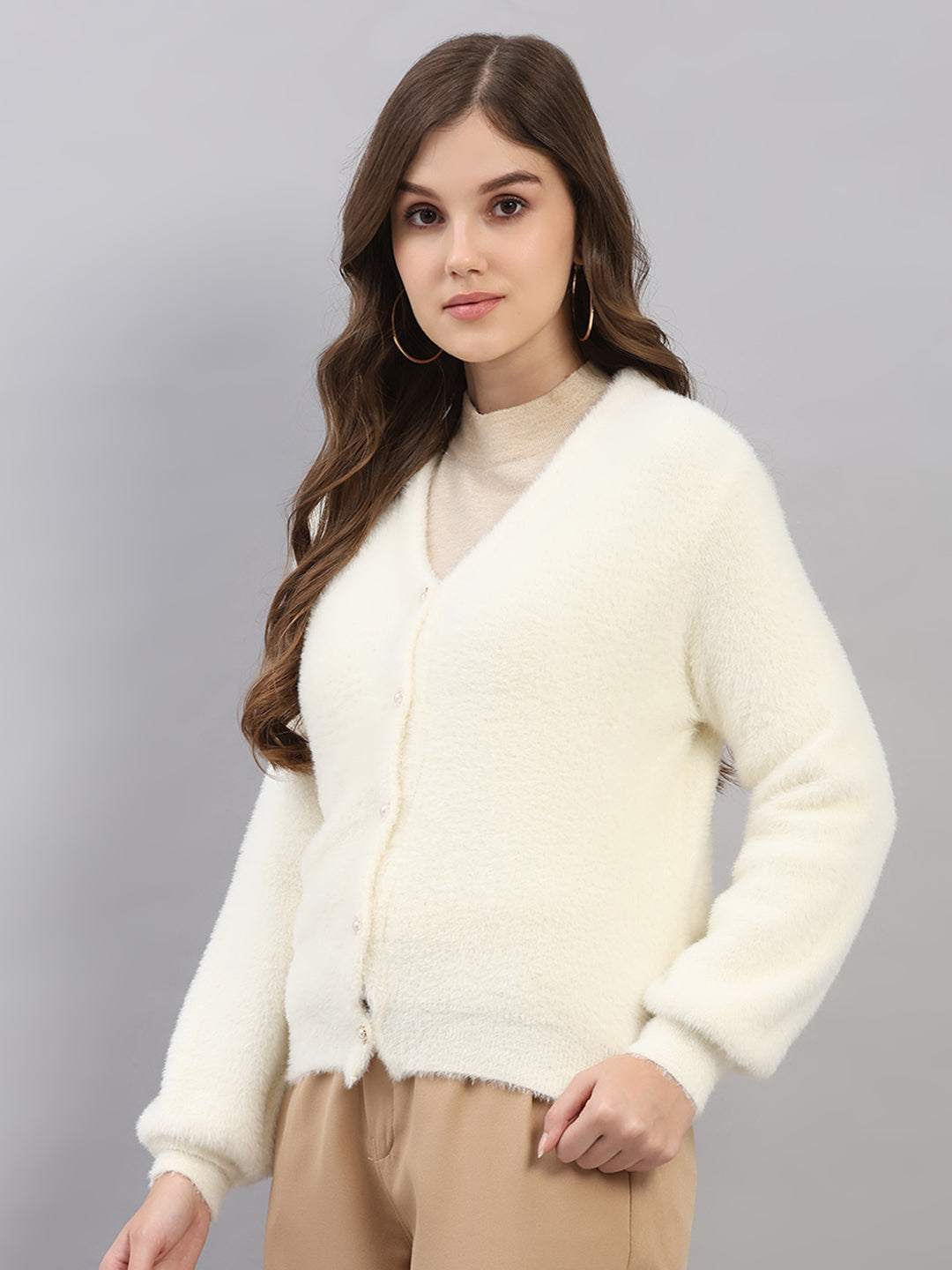 Women White Self Design V Neck Full Sleeve Cardigan