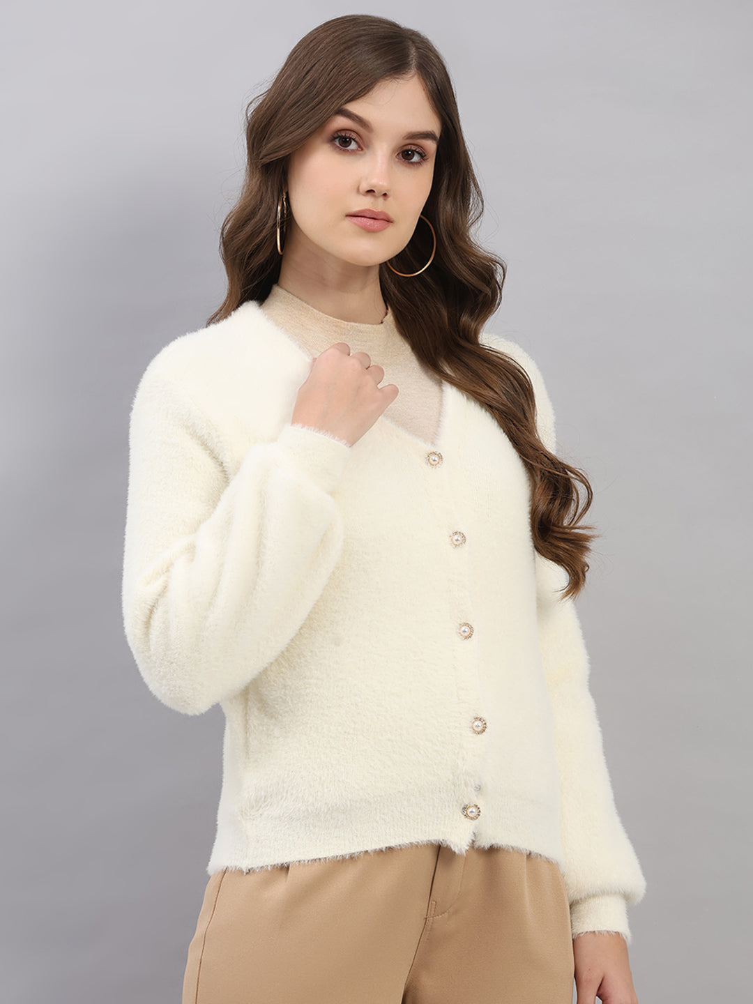 Women White Self Design V Neck Full Sleeve Cardigan