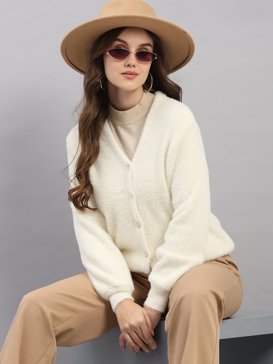 Women White Self Design V Neck Full Sleeve Cardigan