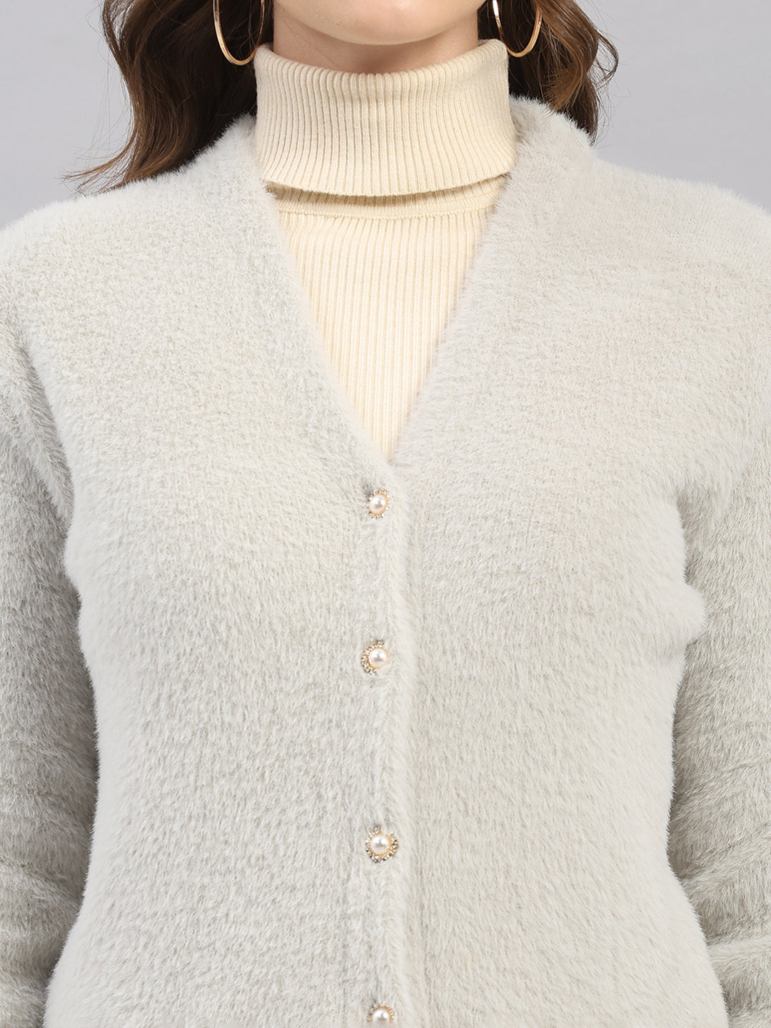 Women Light Grey Self Design V Neck Full Sleeve Cardigan