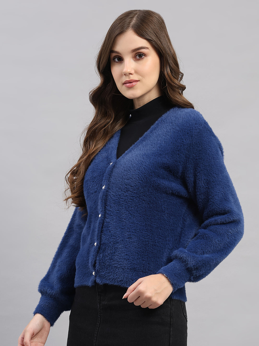 Women Blue Self Design V Neck Full Sleeve Cardigan