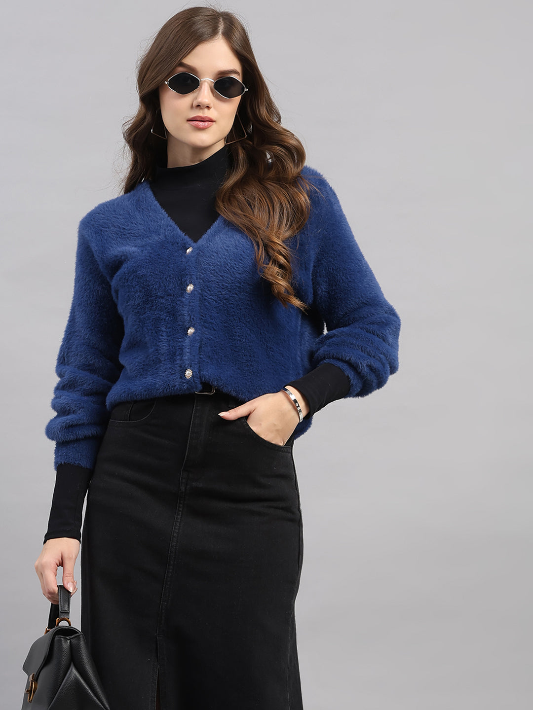 Women Blue Self Design V Neck Full Sleeve Cardigan