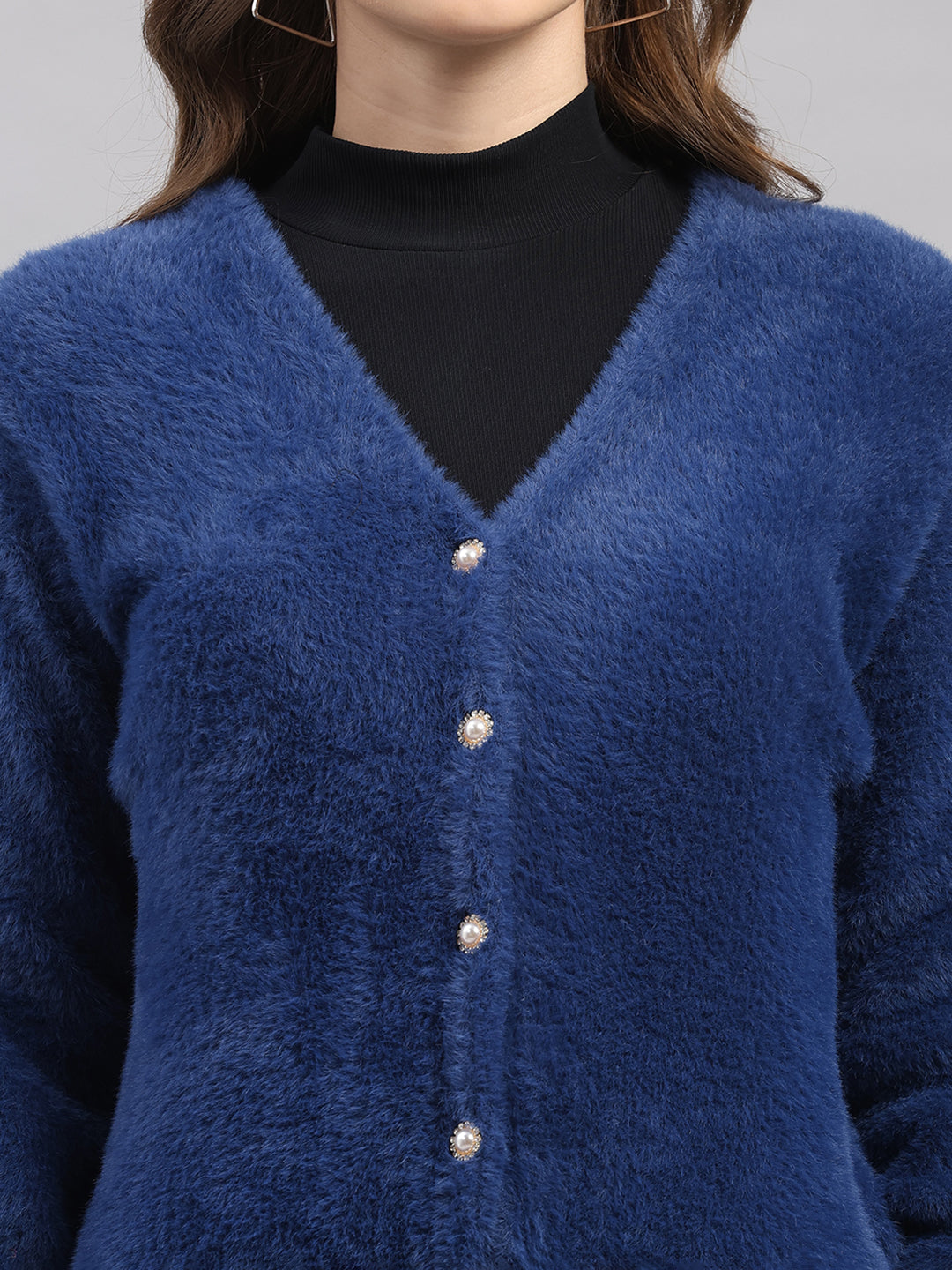 Women Blue Self Design V Neck Full Sleeve Cardigan