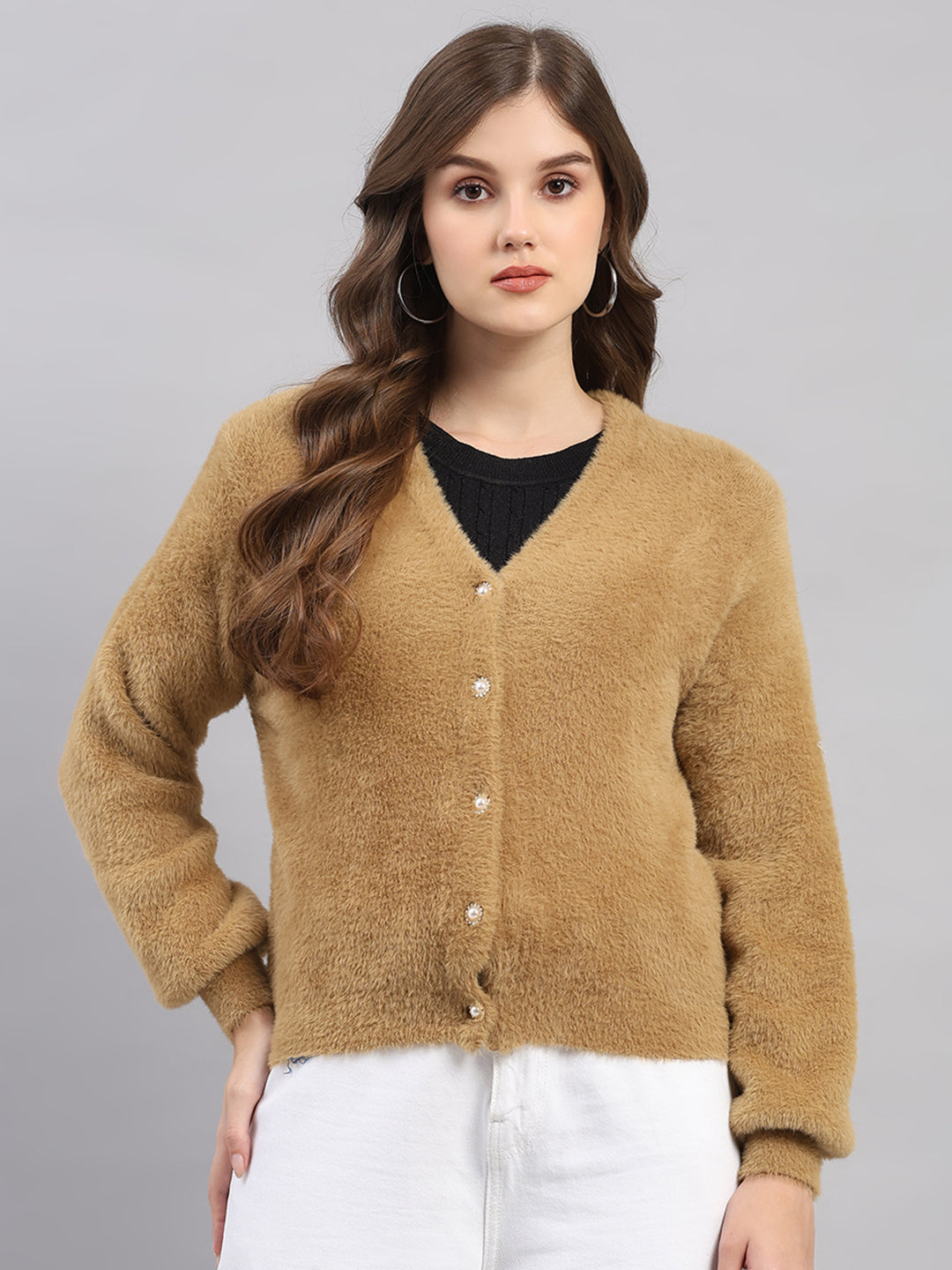 Women Camel Brown Self Design V Neck Full Sleeve Cardigan
