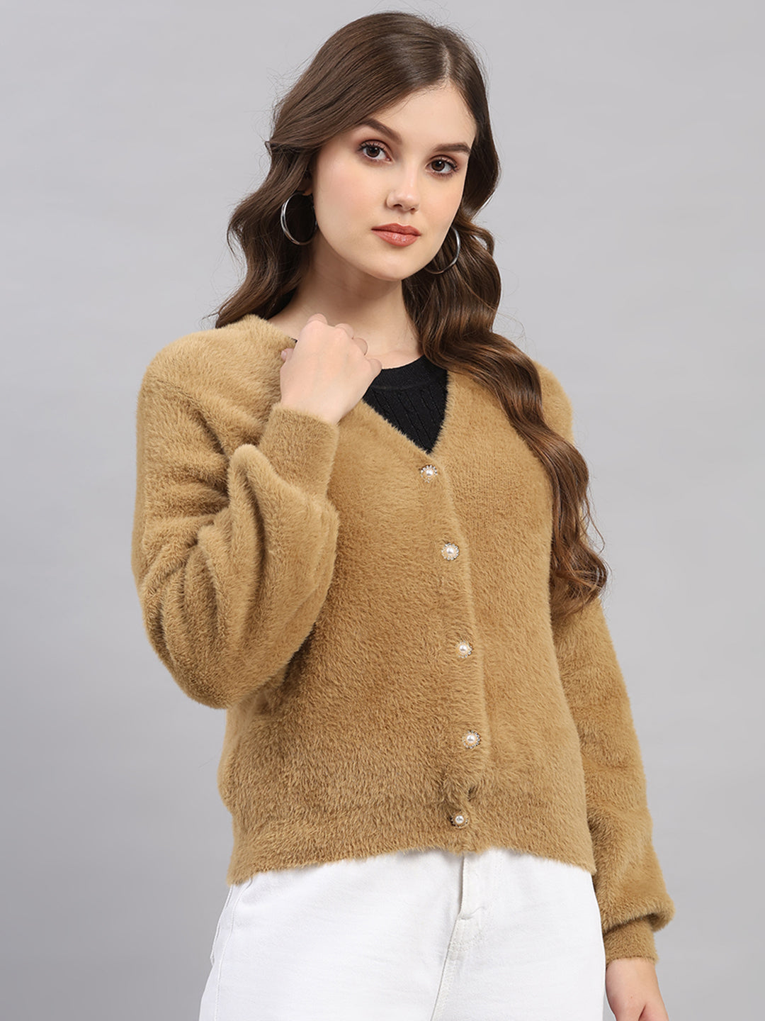 Women Camel Brown Self Design V Neck Full Sleeve Cardigan
