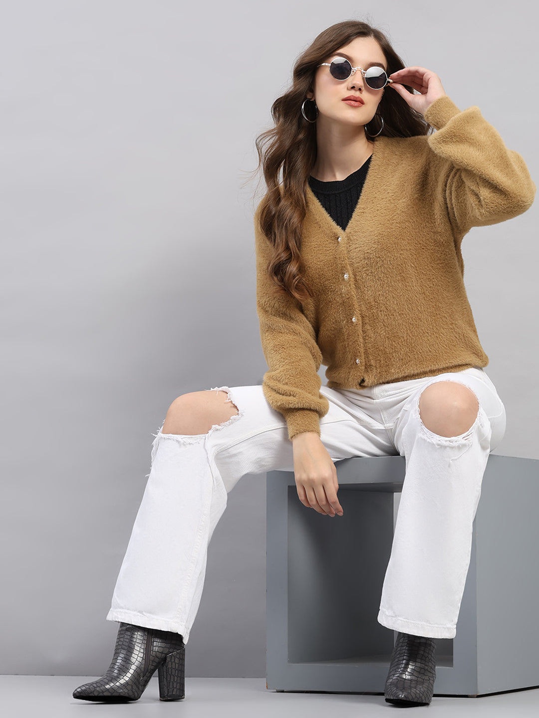 Women Camel Brown Self Design V Neck Full Sleeve Cardigan