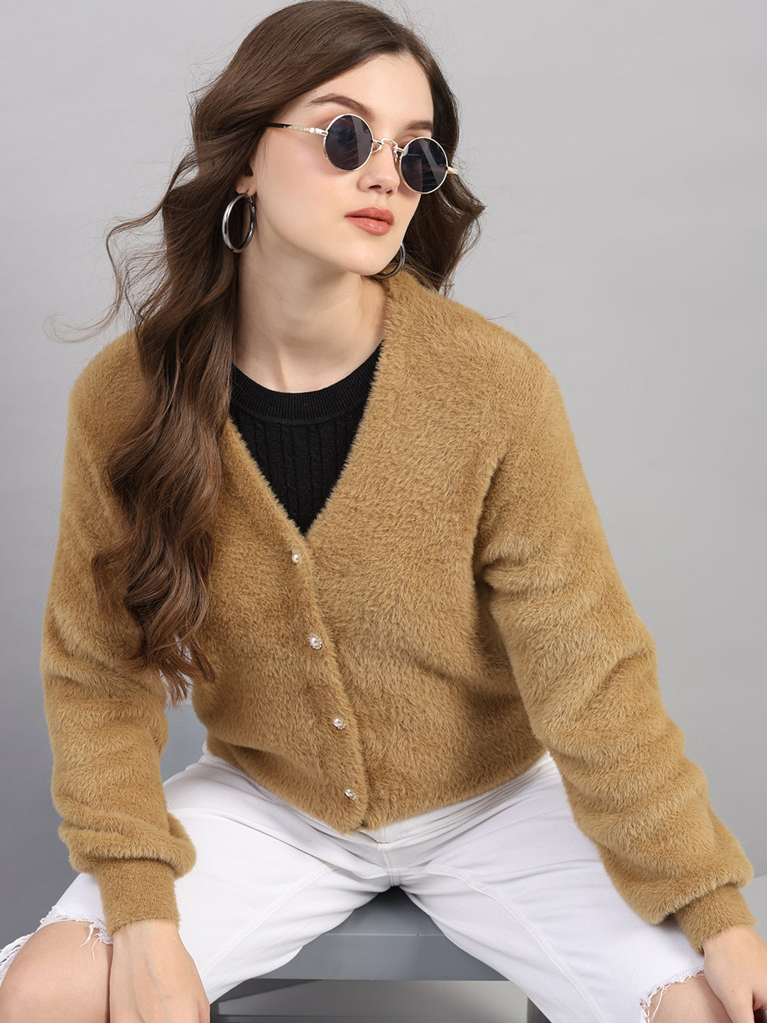 Women Camel Brown Self Design V Neck Full Sleeve Cardigan