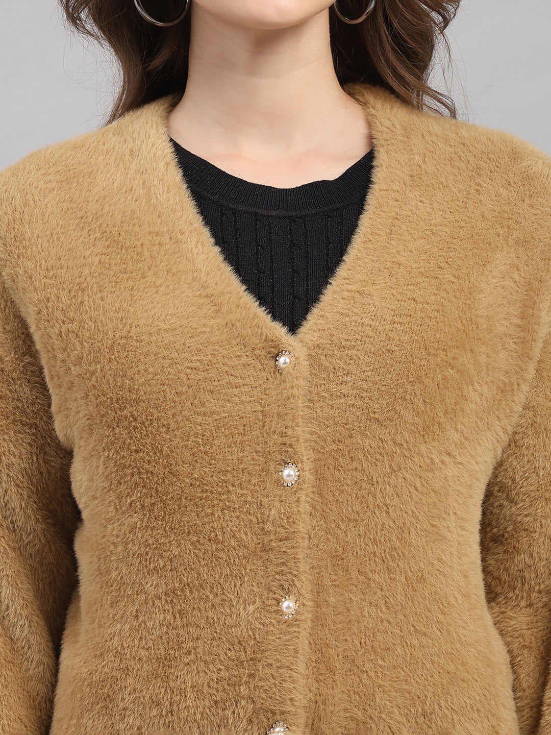 Women Camel Brown Self Design V Neck Full Sleeve Cardigan