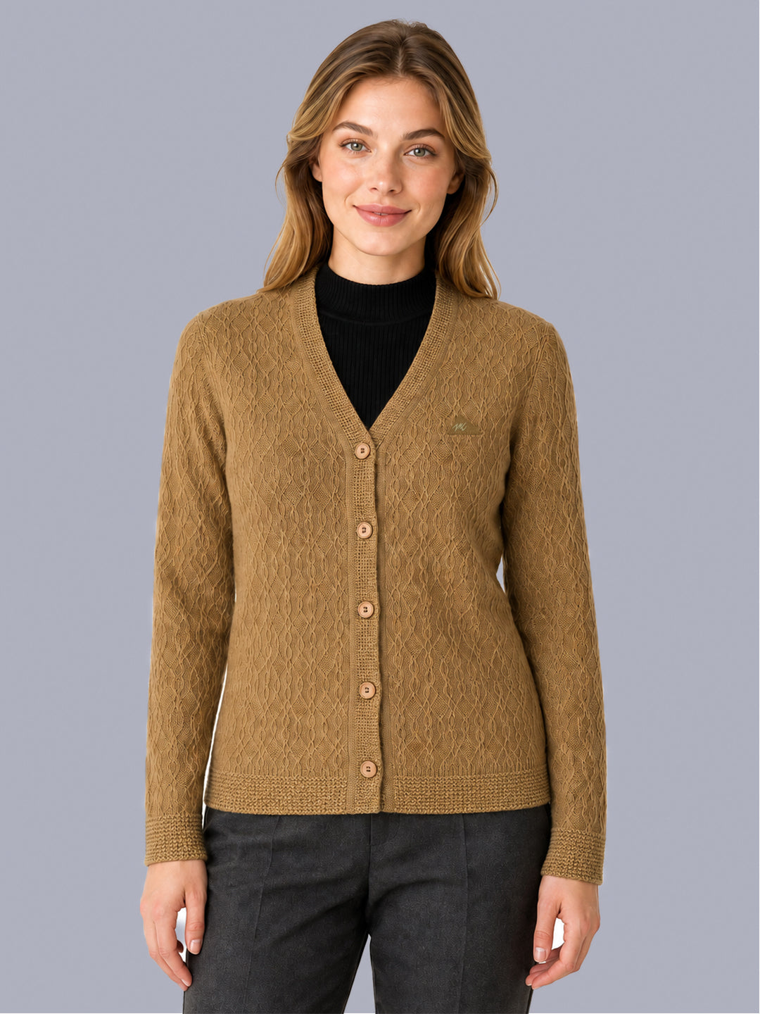 Women Camel Brown Self Design V Neck Full Sleeve Cardigan
